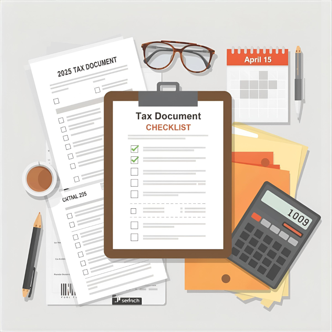 Ultimate 2025 Tax Document Checklist showing W-2 and 1099 tax forms with organized filing tools